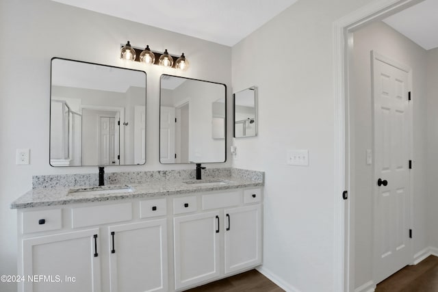 bathroom with hardwood / wood-style floors and vanity