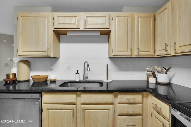 kitchen featuring decorative backsplash, light brown cabinets, sink, and appliances with stainless steel finishes