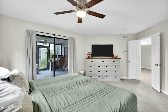 bedroom with access to exterior, ceiling fan, and light colored carpet