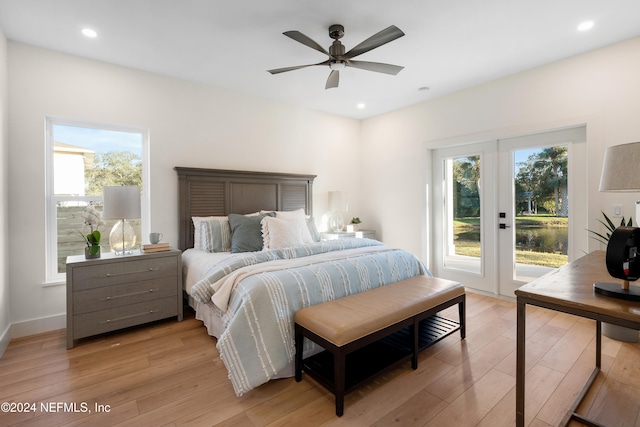 bedroom featuring ceiling fan, access to exterior, and light wood-type flooring