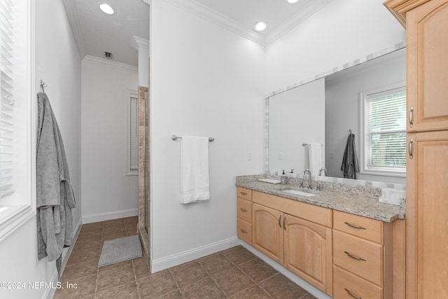 1869 S 2nd St, Jacksonville Beach, FL 32250 - bathroom featuring crown molding, vanity, recessed lighting, baseboards, and tile patterned floors