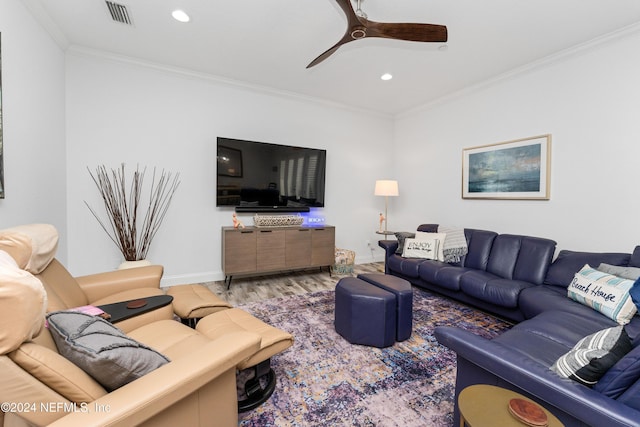 1869 S 2nd St, Jacksonville Beach, FL 32250 - living room with recessed lighting, crown molding, light wood finished floors, ceiling fan, and baseboards
