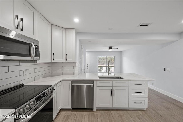 kitchen with stainless steel appliances, kitchen peninsula, sink, and white cabinets