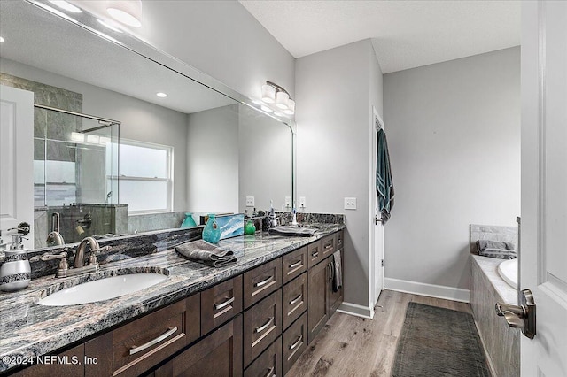 11018 Seneca Ln, Glen St Mary, FL 32040 - bathroom featuring wood finished floors, a stall shower, double vanity, and a garden tub