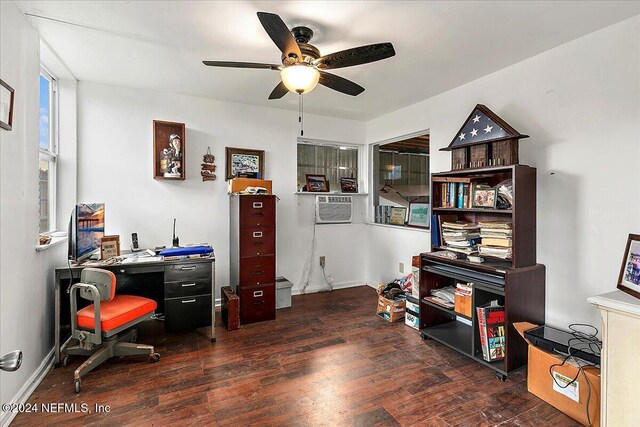 11018 Seneca Ln, Glen St Mary, FL 32040 - home office with ceiling fan, wood finished floors, a wall mounted air conditioner, and baseboards