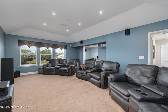 living area with recessed lighting, light colored carpet, visible vents, baseboards, and vaulted ceiling