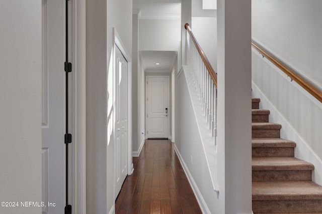 hall featuring baseboards, dark wood-type flooring, and crown molding