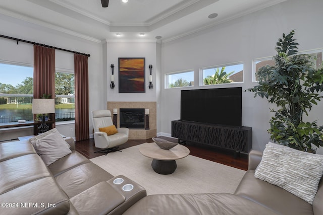 living area with a fireplace, a water view, wood finished floors, ornamental molding, and a tray ceiling