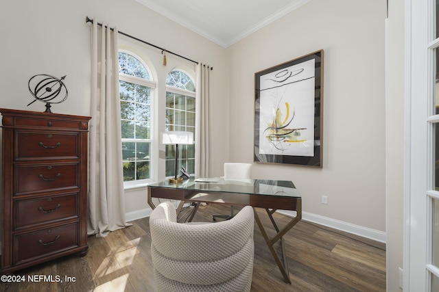 office space with dark wood-style floors, crown molding, and baseboards