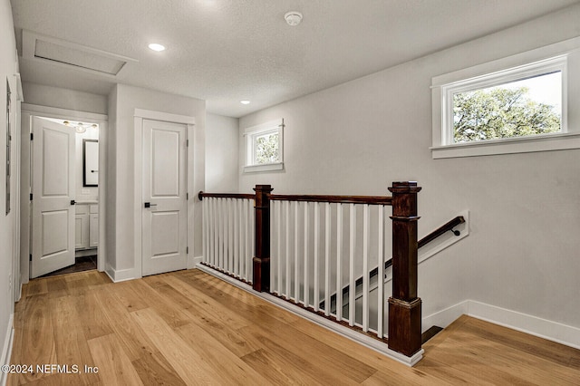 hall with a textured ceiling, light hardwood / wood-style flooring, and a wealth of natural light