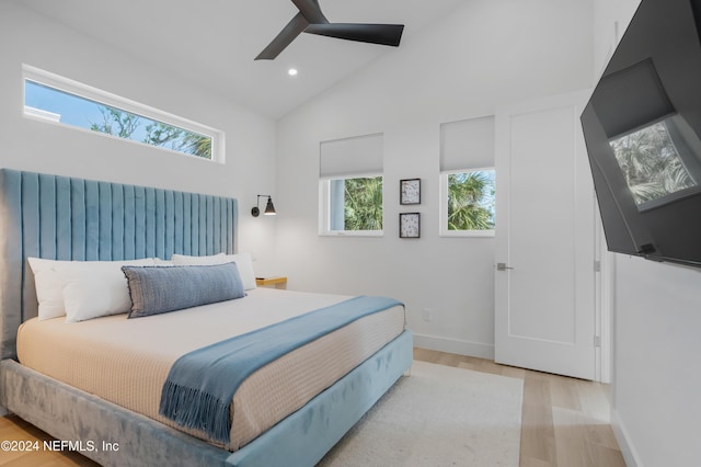 2 Sanchez Cv, Saint Augustine, FL 32080 - bedroom with wood finished floors, baseboards, high vaulted ceiling, recessed lighting, and ceiling fan