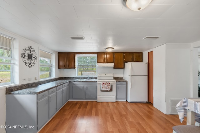 kitchen with white appliances, sink, and light hardwood / wood-style flooring