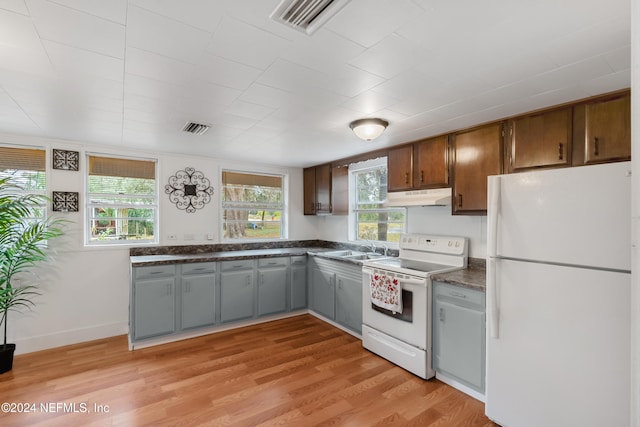 kitchen with light wood-type flooring, white appliances, and sink