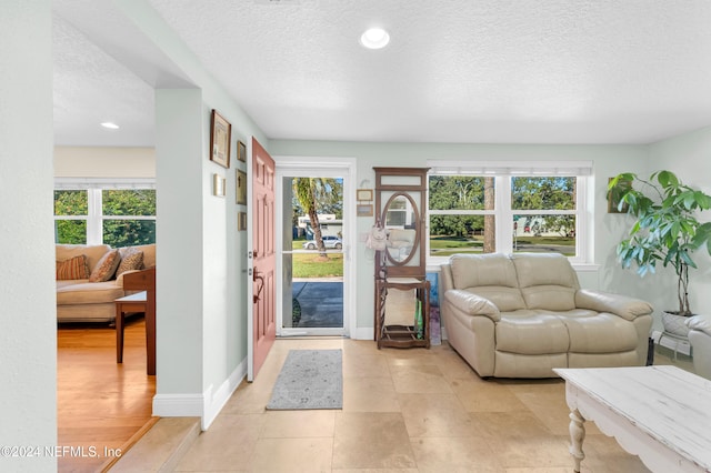 living room featuring a healthy amount of sunlight, a textured ceiling, and light hardwood / wood-style floors