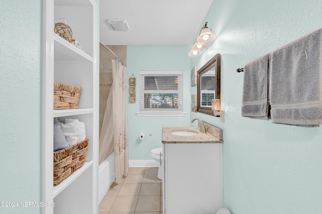 full bathroom with tile patterned flooring, vanity, shower / bath combination with curtain, and toilet