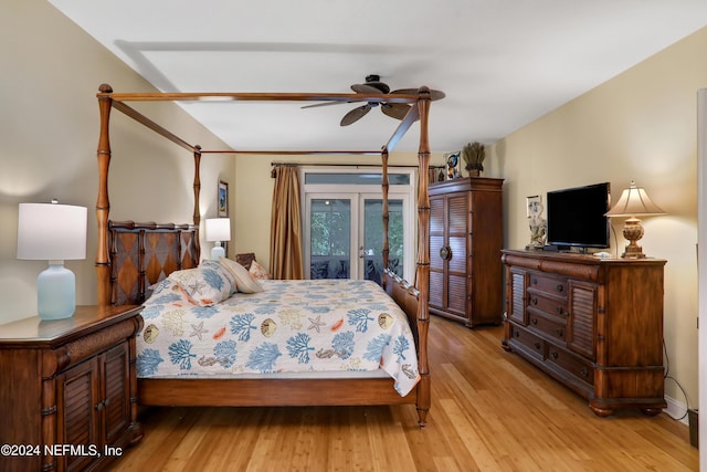 bedroom with ceiling fan, access to exterior, light wood-type flooring, and french doors