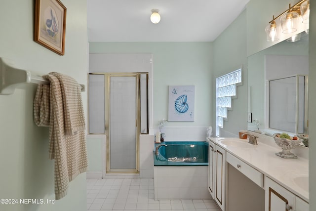 bathroom with separate shower and tub, tile patterned flooring, and vanity