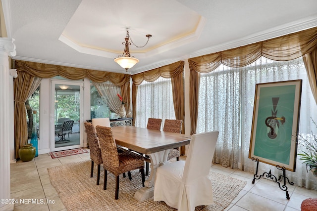 tiled dining area with a tray ceiling