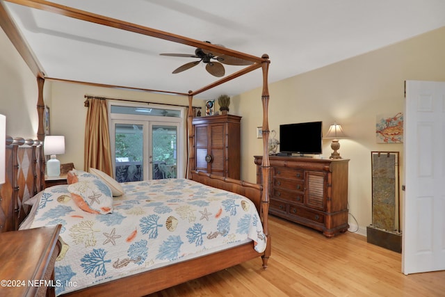 bedroom featuring ceiling fan, access to exterior, french doors, and light hardwood / wood-style flooring