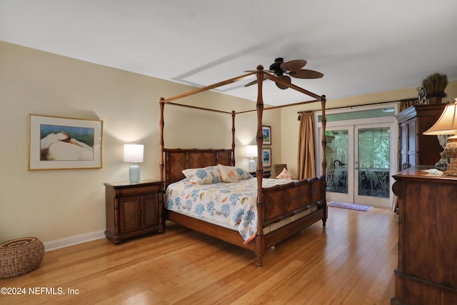 bedroom with access to exterior, ceiling fan, and light wood-type flooring