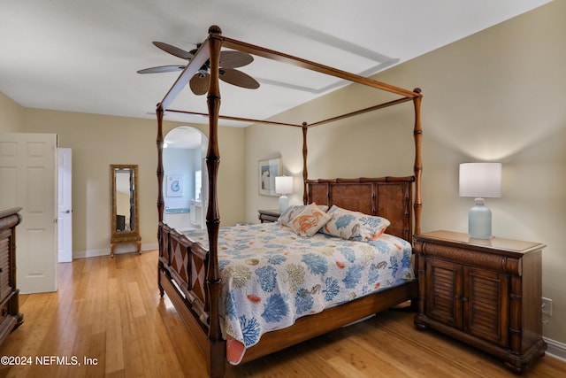 bedroom featuring ceiling fan and light hardwood / wood-style flooring