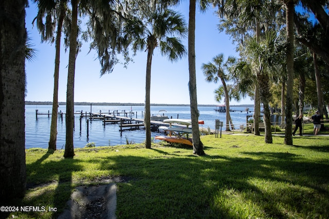 dock area with a yard and a water view