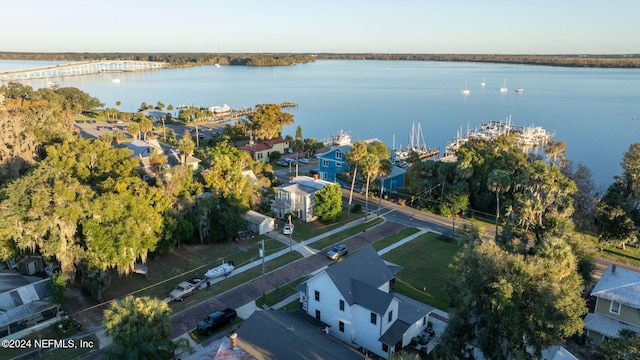 aerial view featuring a water view