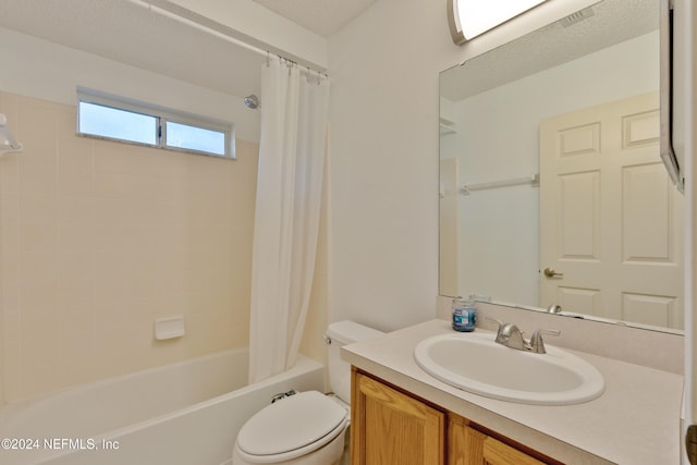 full bathroom with vanity, toilet, and shower / bathtub combination with curtain