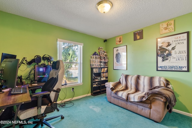 carpeted office space with a textured ceiling