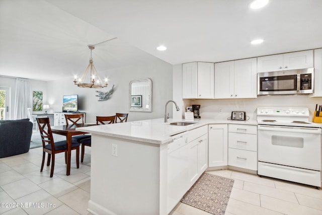 kitchen with kitchen peninsula, white cabinetry, sink, and white appliances