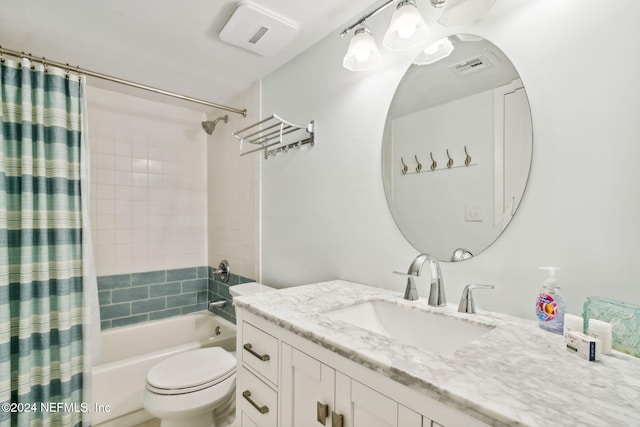 full bathroom with shower / bath combo, toilet, and vanity