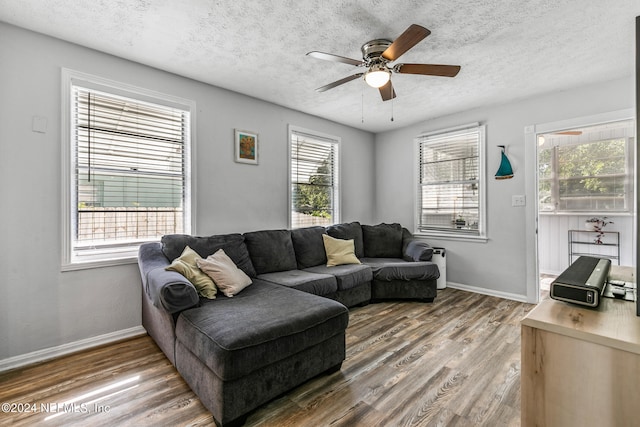 living room with a textured ceiling, hardwood / wood-style flooring, and plenty of natural light