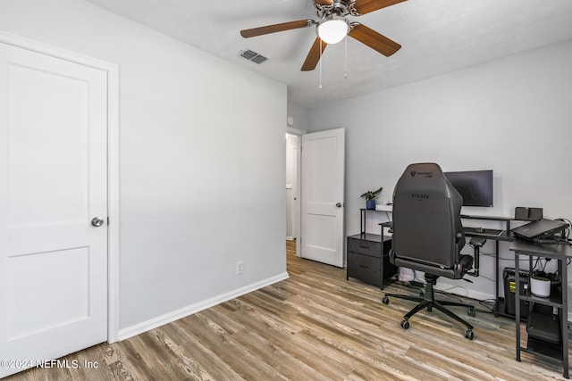 office area featuring ceiling fan and light hardwood / wood-style floors