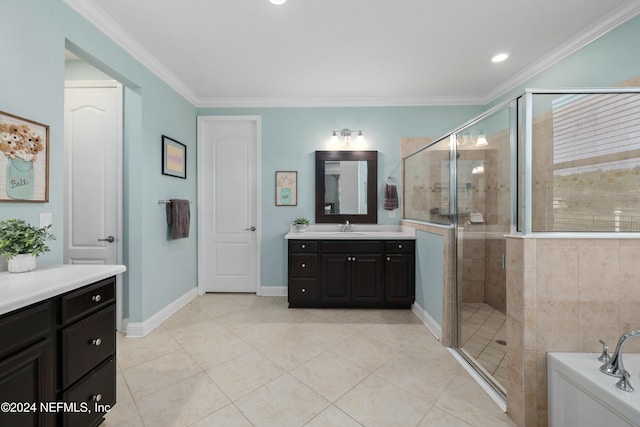 bathroom featuring crown molding, tile patterned flooring, vanity, and plus walk in shower