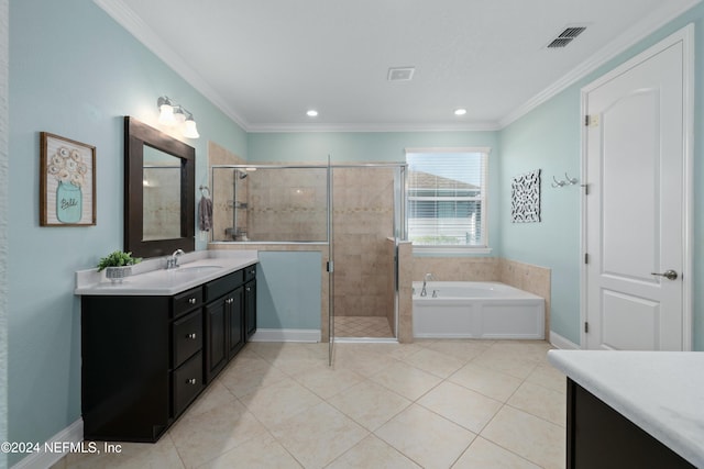 bathroom featuring tile patterned flooring, vanity, separate shower and tub, and ornamental molding