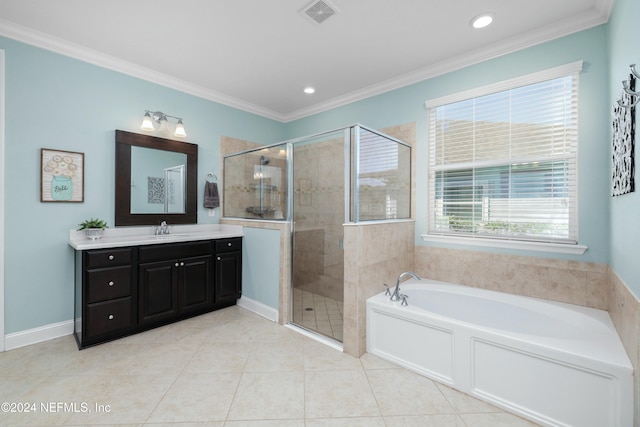 bathroom featuring tile patterned flooring, independent shower and bath, and ornamental molding