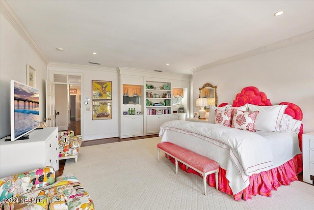 bedroom with recessed lighting, visible vents, and crown molding