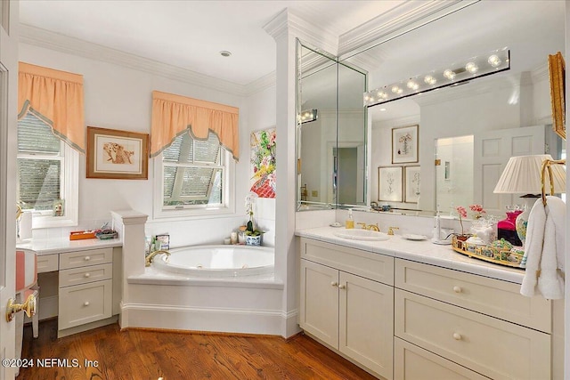 bathroom with a garden tub, vanity, wood finished floors, and crown molding