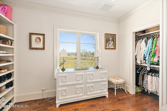 walk in closet featuring visible vents and dark wood-style flooring