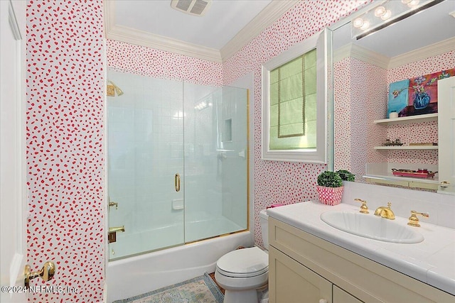 full bath featuring combined bath / shower with glass door, toilet, wallpapered walls, and crown molding