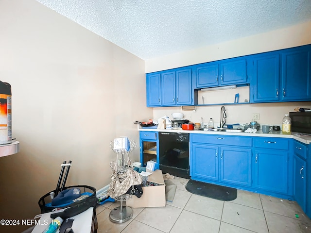 kitchen with black appliances, blue cabinets, sink, and a textured ceiling