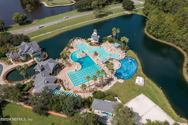 drone / aerial view featuring a water view