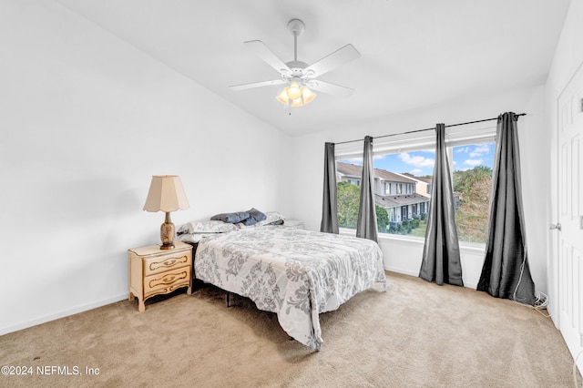 bedroom featuring ceiling fan and carpet