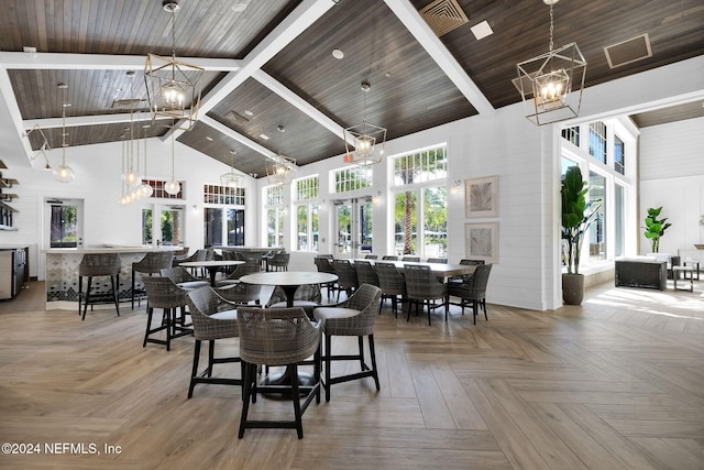 dining room featuring high vaulted ceiling, wooden ceiling, and parquet flooring