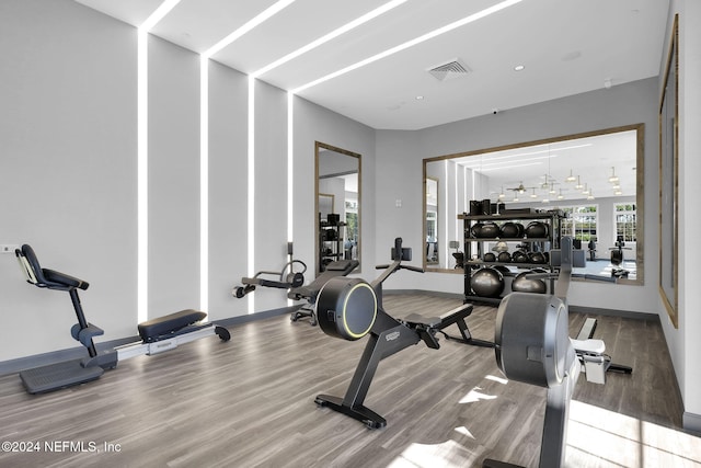 exercise room featuring light hardwood / wood-style flooring