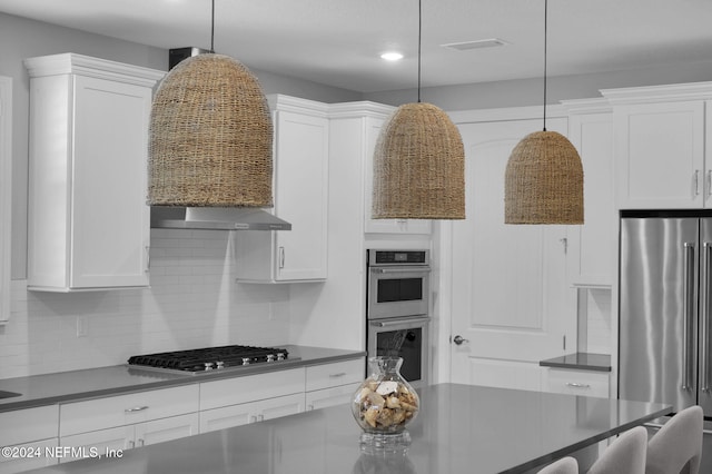 kitchen with white cabinetry, tasteful backsplash, decorative light fixtures, exhaust hood, and appliances with stainless steel finishes