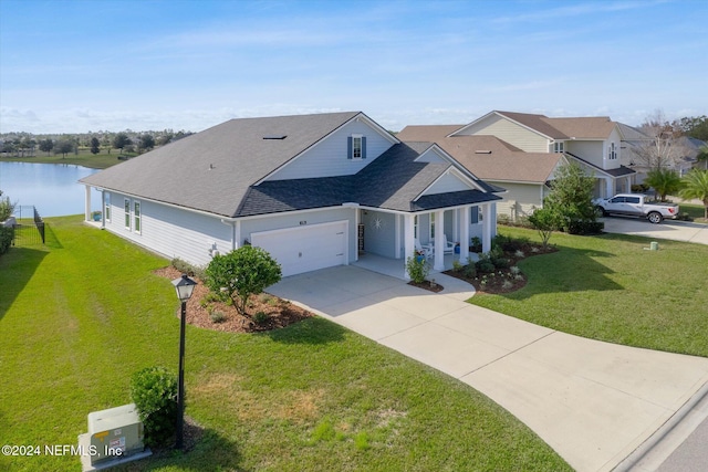 view of front of house with a garage, a water view, and a front yard