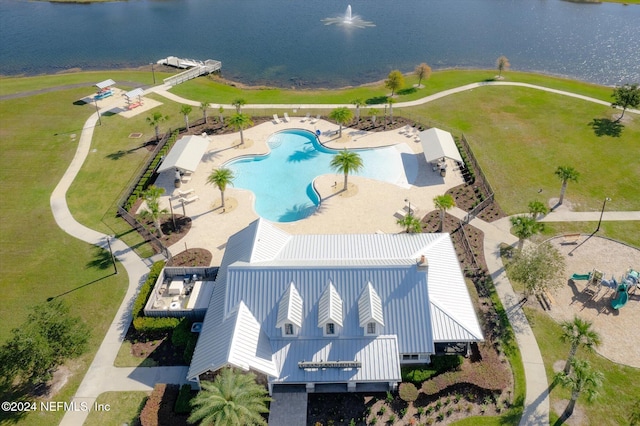 birds eye view of property featuring a water view