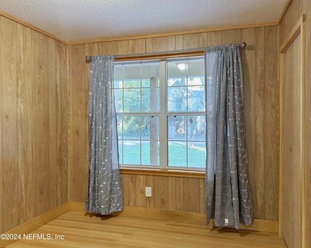 details with wooden walls and a textured ceiling