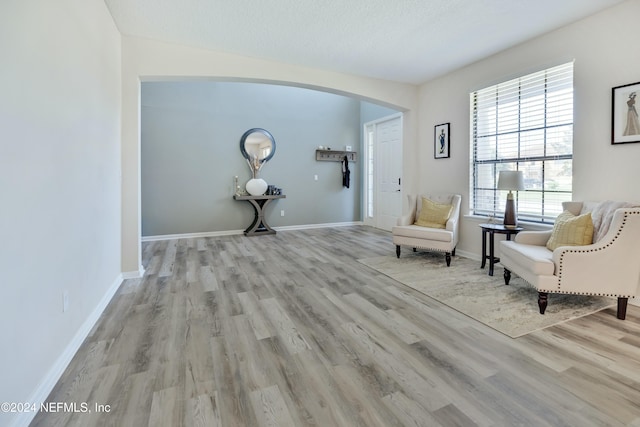 sitting room with light hardwood / wood-style floors and a textured ceiling